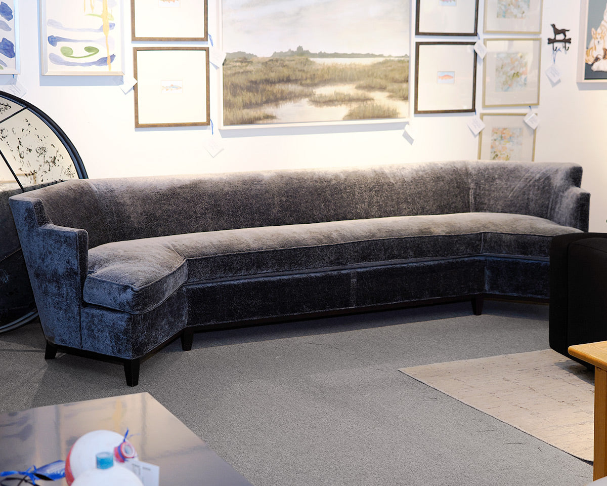 Custom Low Profile Wing Back Blue Silk Sofa