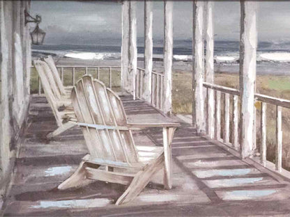 'Coastal  Porch' Textured Art Print Framed In White Shiplap Style Frame