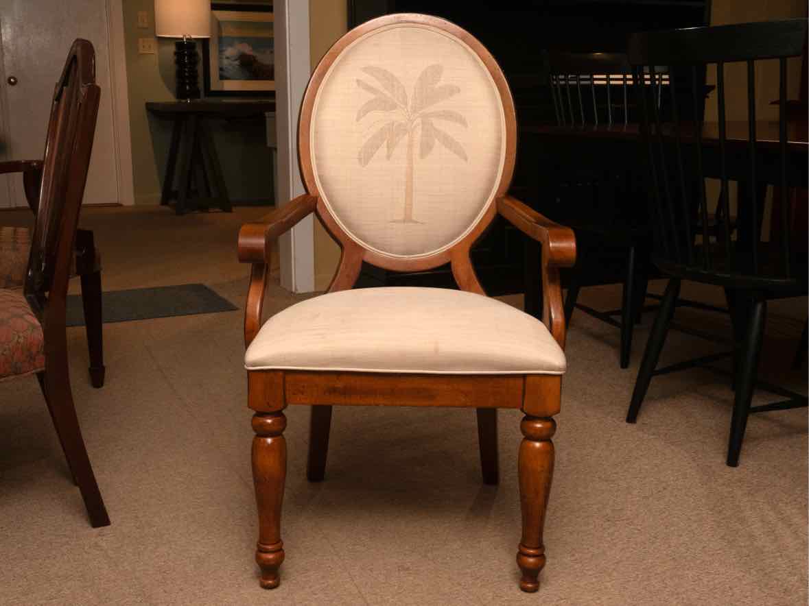 Tommy Bahama Style Dining Table & 8 Chair Set with Palm Tree Linen Upholstery