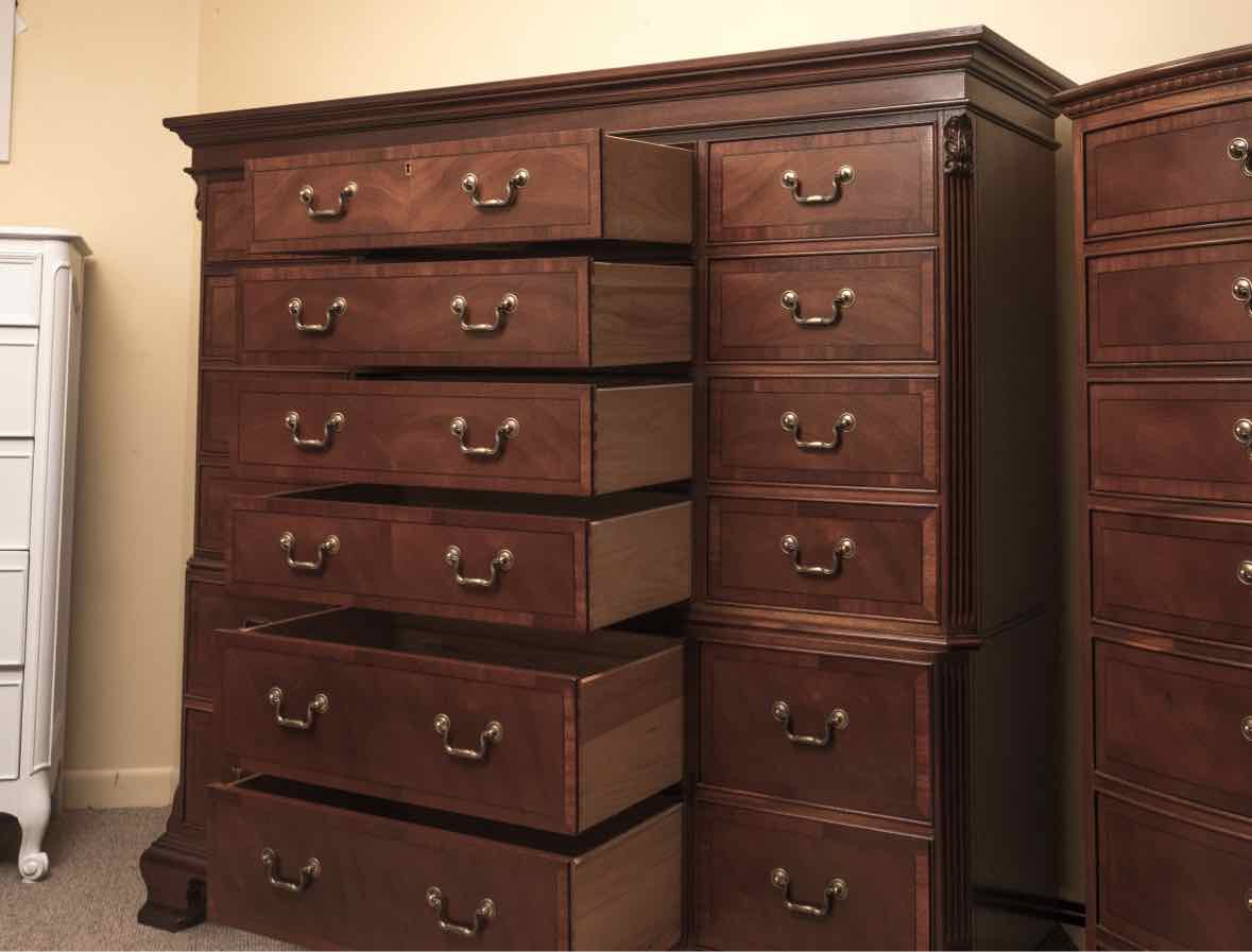 Ethan Allen Mahogany 18 Drawer Chest on Chest with Brass Chippendale  Handle