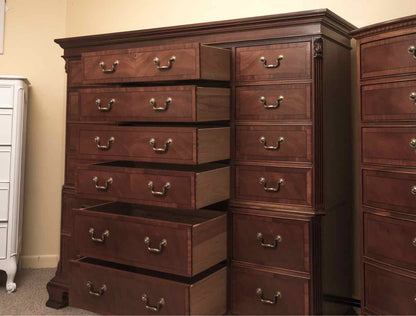 Ethan Allen Mahogany 18 Drawer Chest on Chest with Brass Chippendale  Handle