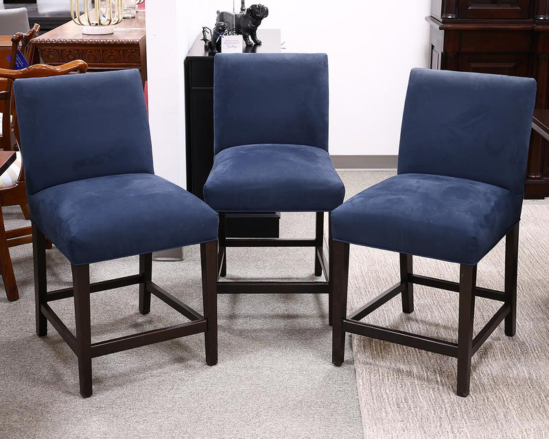Set of 3 Ethan Allen Counter Stools in Blue Microfiber with Contrast Back