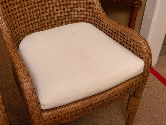 Pair of Williams Sonoma Natural Wicker Dining Chairs with Ivory Cushions