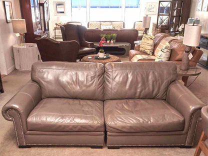 'Mole Grey' 2 Piece Leather Sofa with Nickel Nailhead Trim