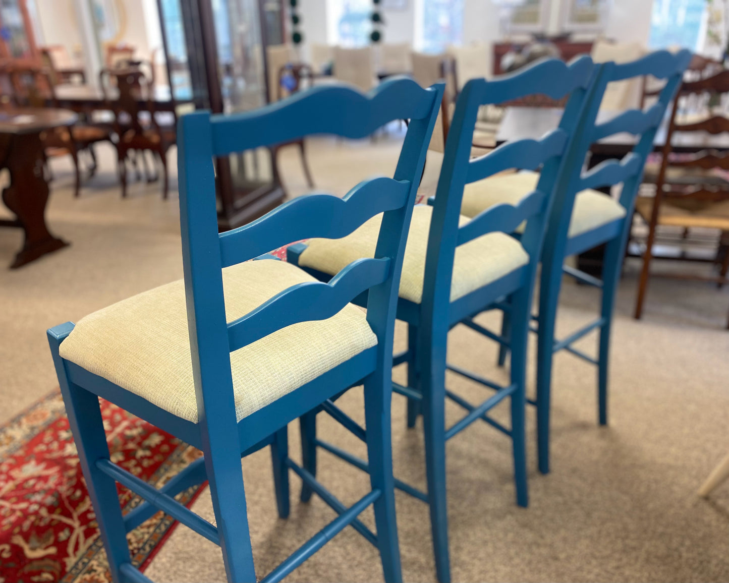 Set of 3 Ethan Allen Peacock Blue Finish Bar Stools with Upholstered Seats