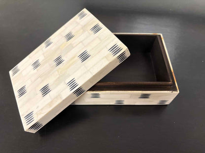 Small Decorative Bone Box in Ivory with Black Stripe Accents