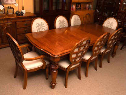 Tommy Bahama Style Dining Table & 8 Chair Set with Palm Tree Linen Upholstery