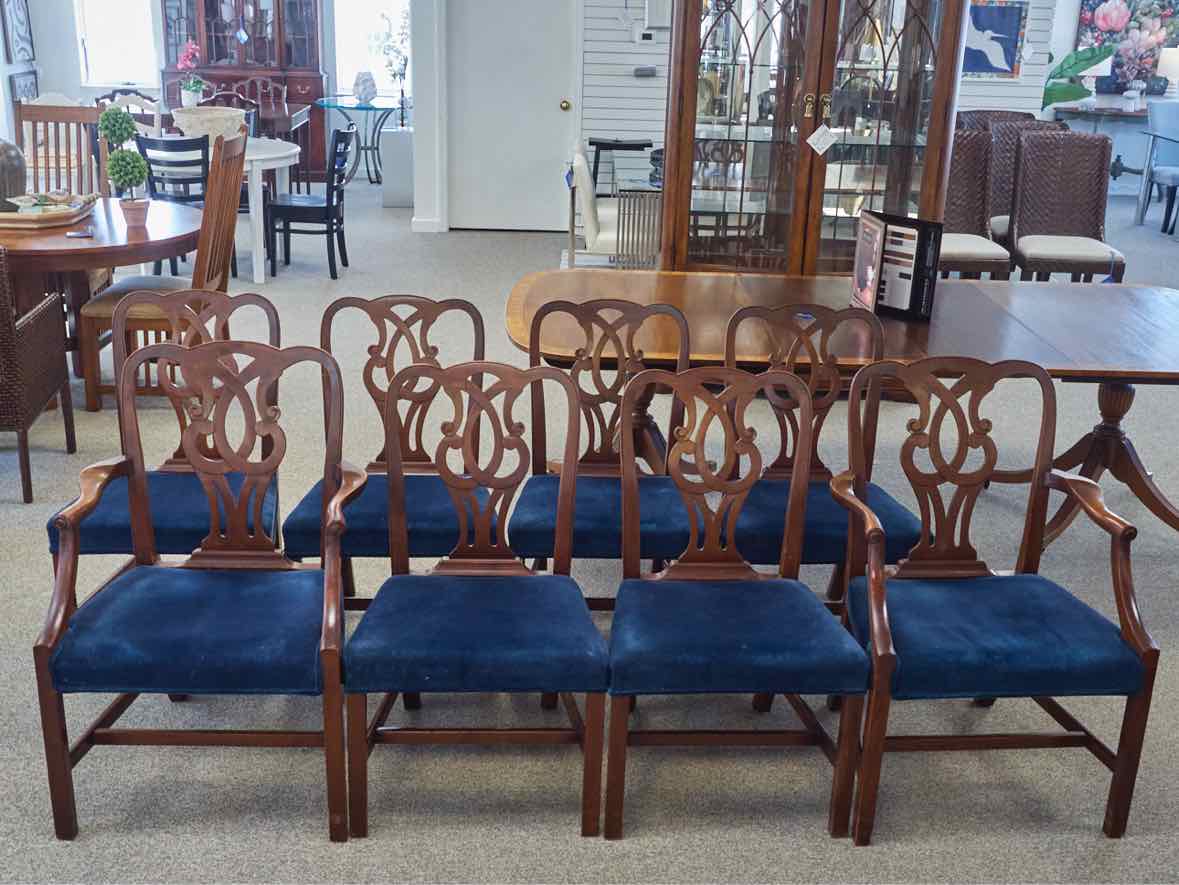 Set of 8 Carved Mahogany Dining Chairs with Dark Blue Velvet Seats