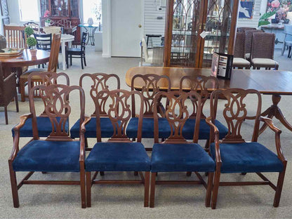 Set of 8 Carved Mahogany Dining Chairs with Dark Blue Velvet Seats