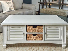 White Finish Plank Top 4 Door 2 Basket Shelf Cocktail Table