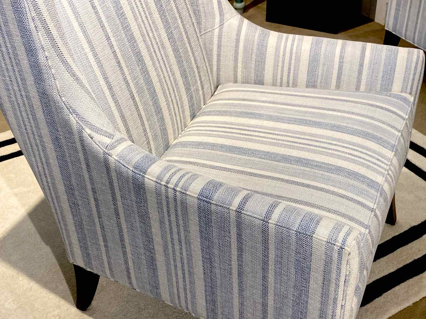 Pair Of Ethan Allen  Light Denim Blue Striped Upholstered  Wing Chairs