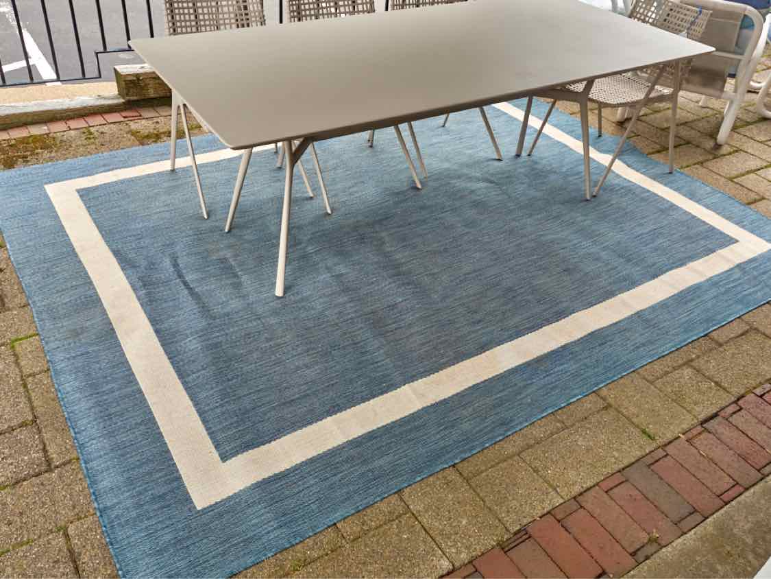 Outdoor Denim Blue Area Rug W/ Ivory Border