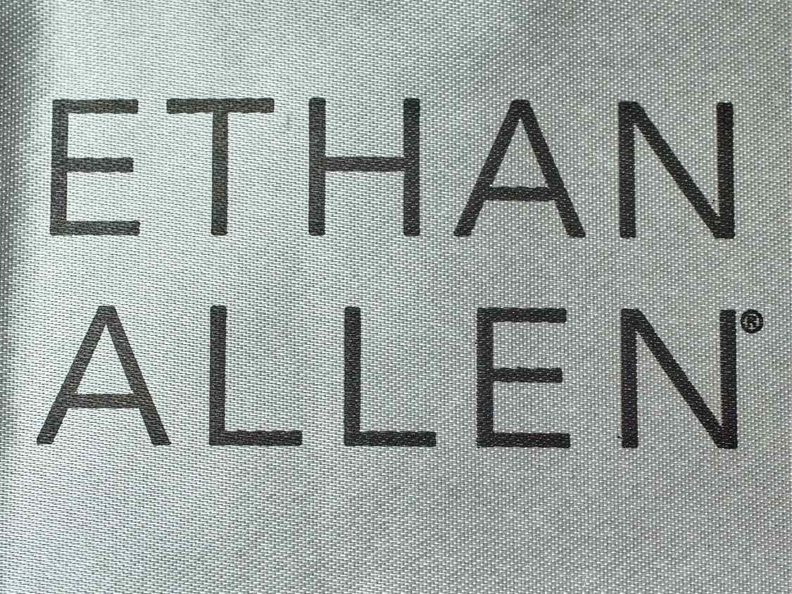 Pair of Ethan Allen Taupe Herringbone Upholstered & Teal Piping  Stools