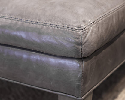 Lee Industries Square Tufted Ottoman in Grey Leather. Washed Grey Stain  Legs.
