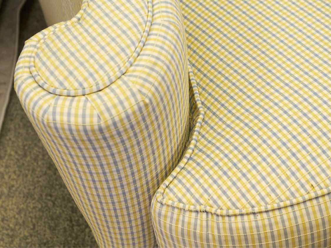 Ethan Allen Yellow & Blue Check Upholstered Wing Chair