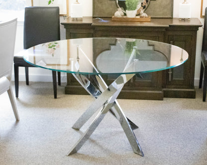Round Contemporary Glass Top Dining Table on Angled Chrome Base