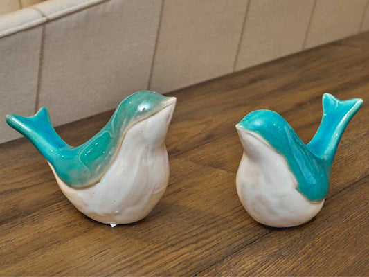 Pair Of Blue & White Ceramic 'Love Birds'