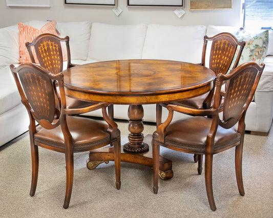 Burlwood Inlaid Round Pedestal Dining Table & Set of 4 Carved Inlaid Armchairs