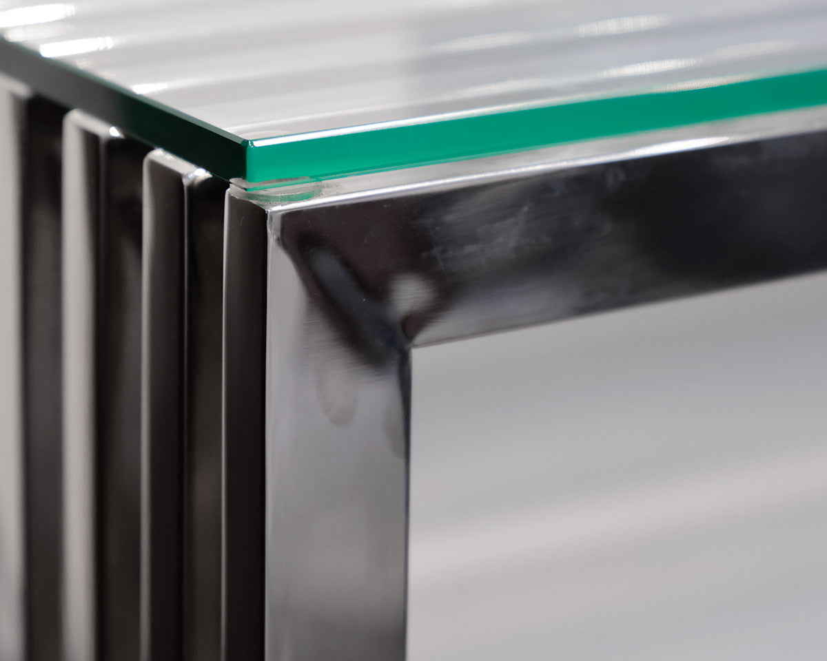 Chrome Glass Console with Modern Slatted Legs