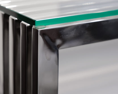 Chrome Glass Console with Modern Slatted Legs