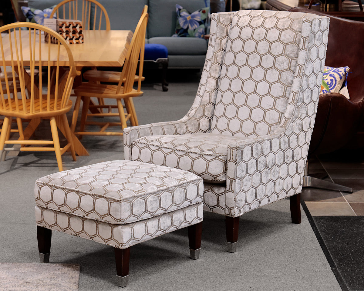 Geometric Patterned Sloped Arm Chair and Matching Ottoman