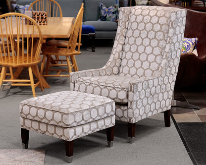 Geometric Patterned Sloped Arm Chair and Matching Ottoman