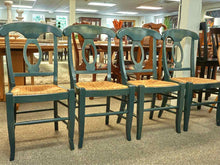 Set of Four Green Pottery Barn Dining Chairs With Rush Seats
