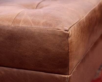 Square Brown Leather Tufted Ottoman