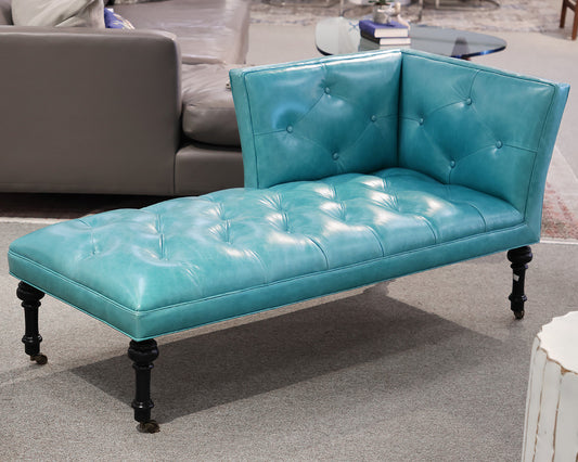 Tufted Blue Leather Chaise