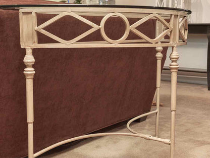 Glass Top 'Putty Sand' Finish Wrought  Iron Demi Lune Accent Table