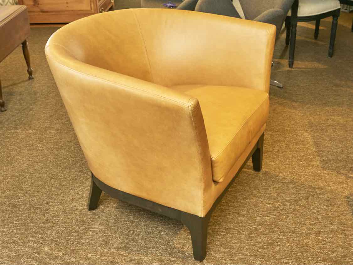 Pair of West Elm Camel Color Leather Barrel  Chairs