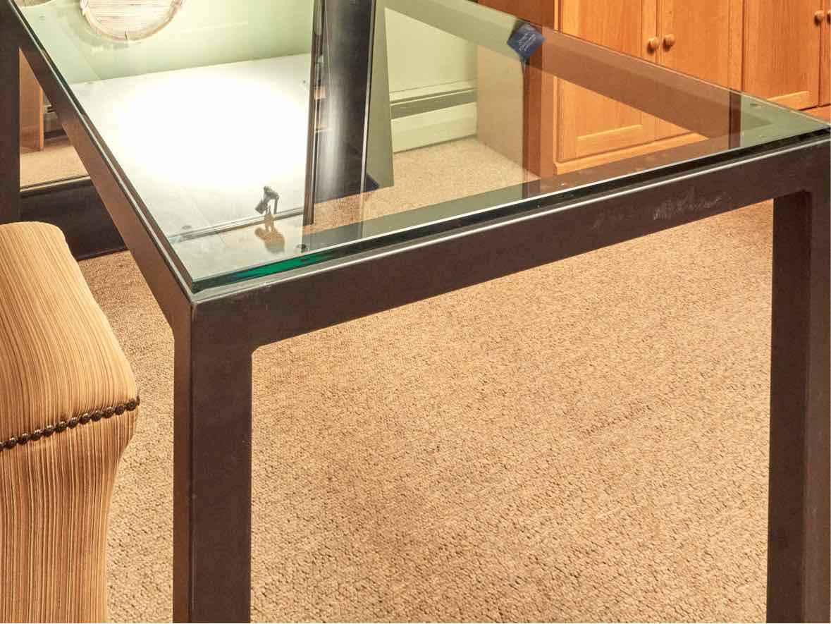 Room & Board Gun Metal Steel Base Dining Table with Glass Top