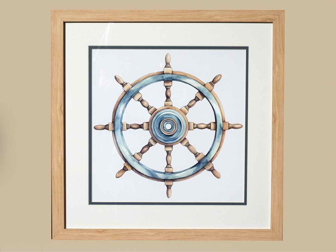 'Ship's Wheel II' Watercolor Print Double Matt Natural Wood Frame