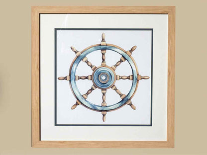 'Ship's Wheel II' Watercolor Print Double Matt Natural Wood Frame