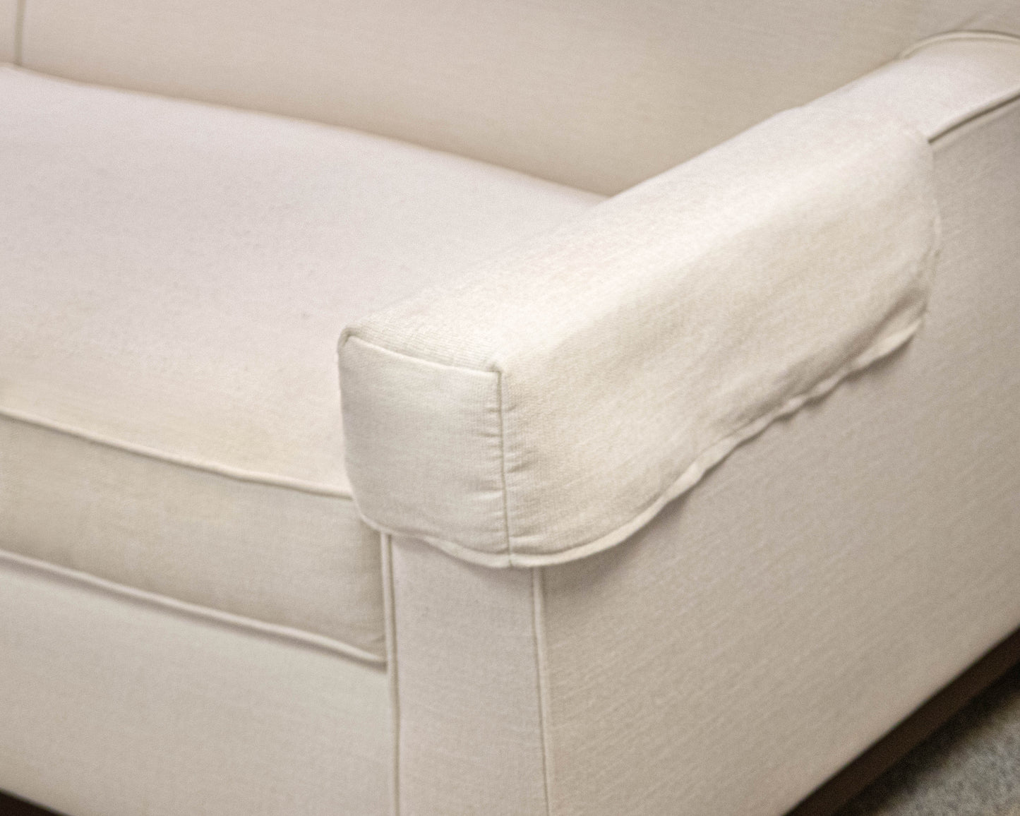 Basset White Upholstered Flat Back Track Arm Sofa On Espresso Wood Frame