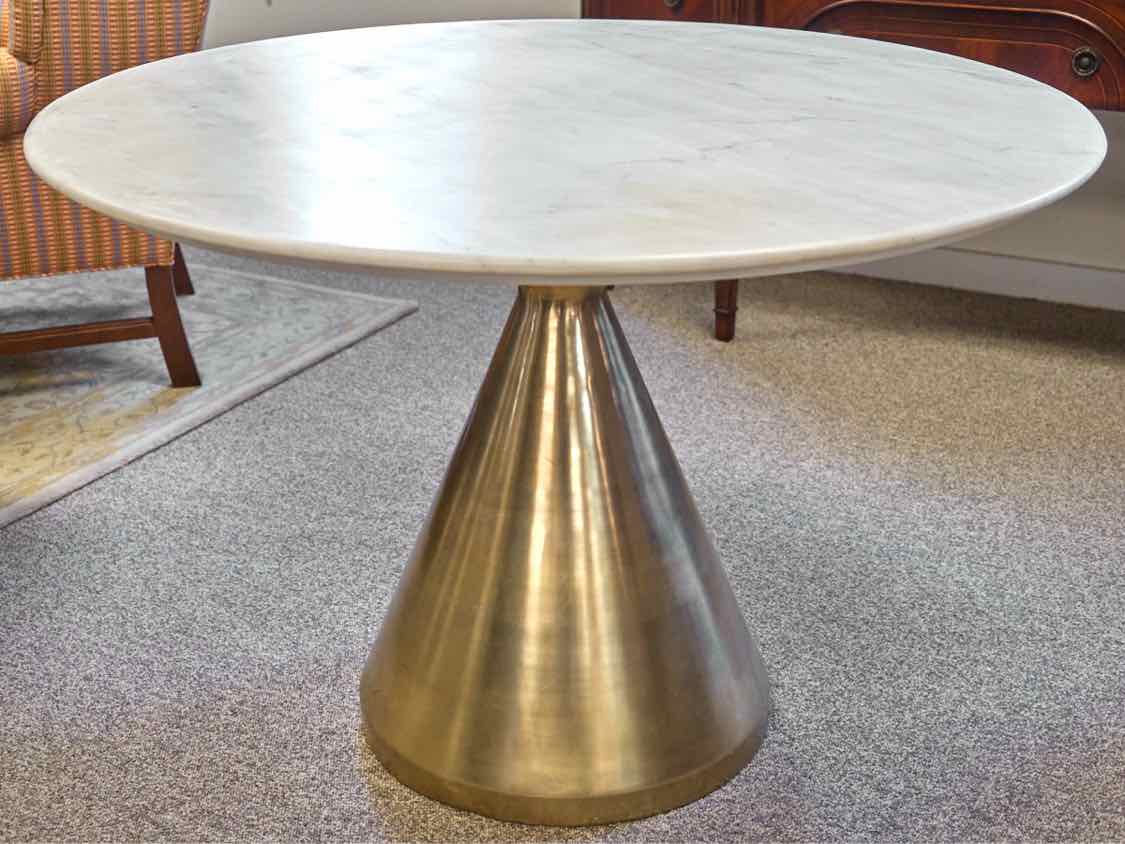 Round White Marble Table with Brass Cylinder Metal Base