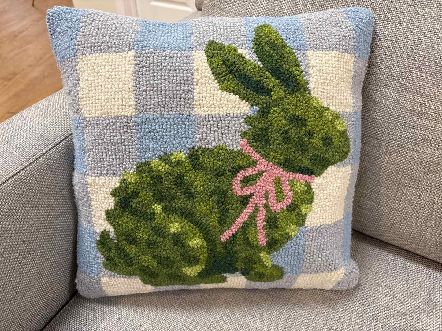 Bunny Topiary Hooked Wool Pillow