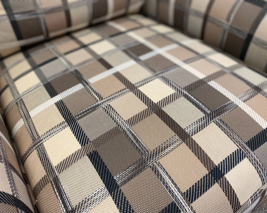 Pair of Kravet Brown, Beige & Black Plaid Skirted Club Chairs