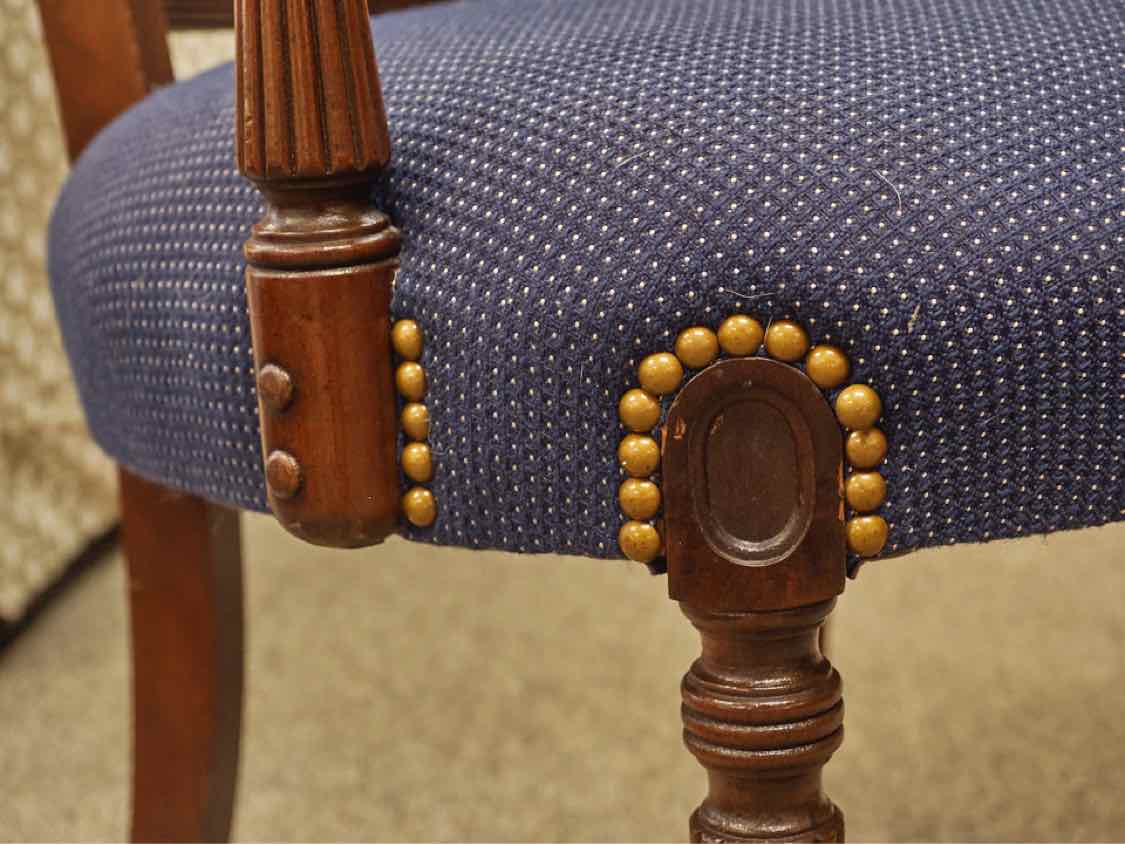 Mahogany  Arm Chair with Carving in Navy Blue Upholstery with Nailhead Trim