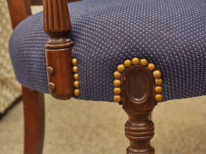 Mahogany  Arm Chair with Carving in Navy Blue Upholstery with Nailhead Trim