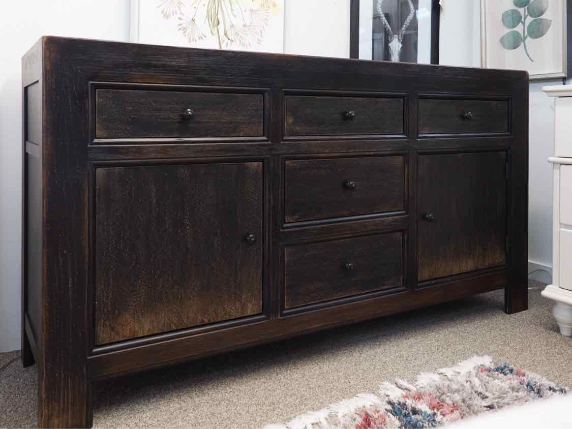 Media Furniture/Sideboard in Black Rubbed Finish with 5 Drawers & 2 Doors