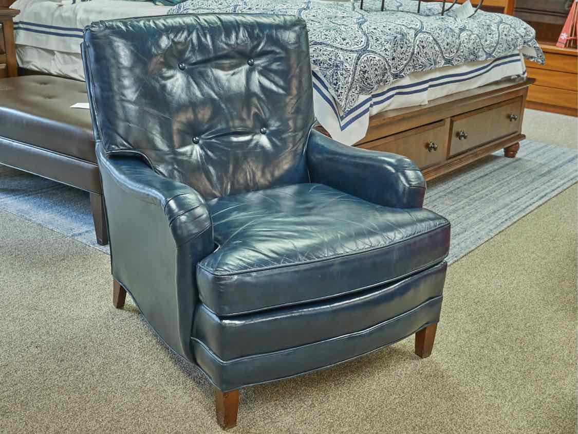North Hickory Blue Leather Chair and Ottoman