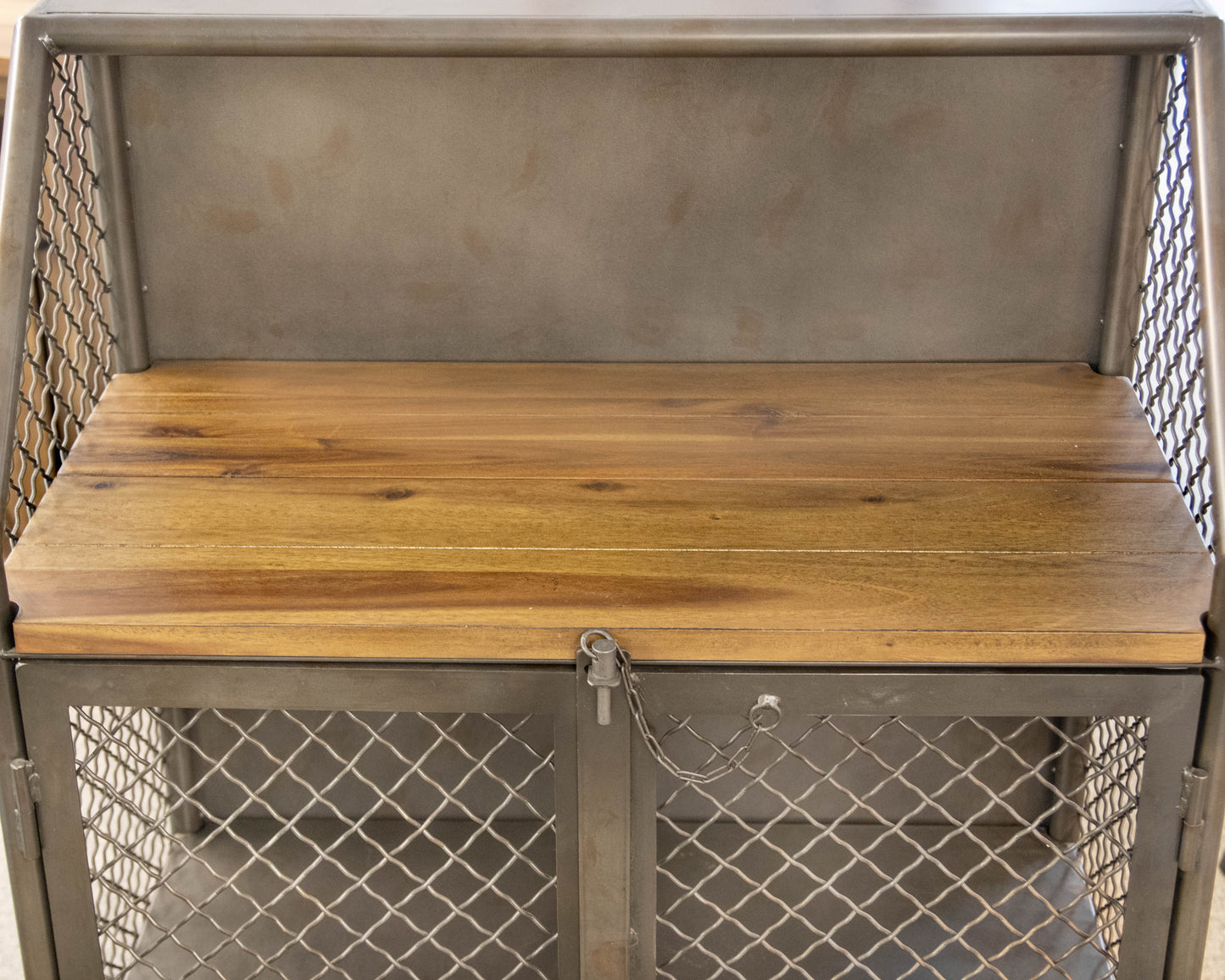 Industrial Bar Cabinet in Steel Mesh with Plank Reclaimed Wood Top