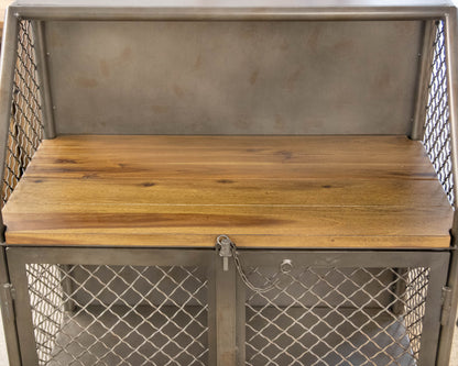 Industrial Bar Cabinet in Steel Mesh with Plank Reclaimed Wood Top