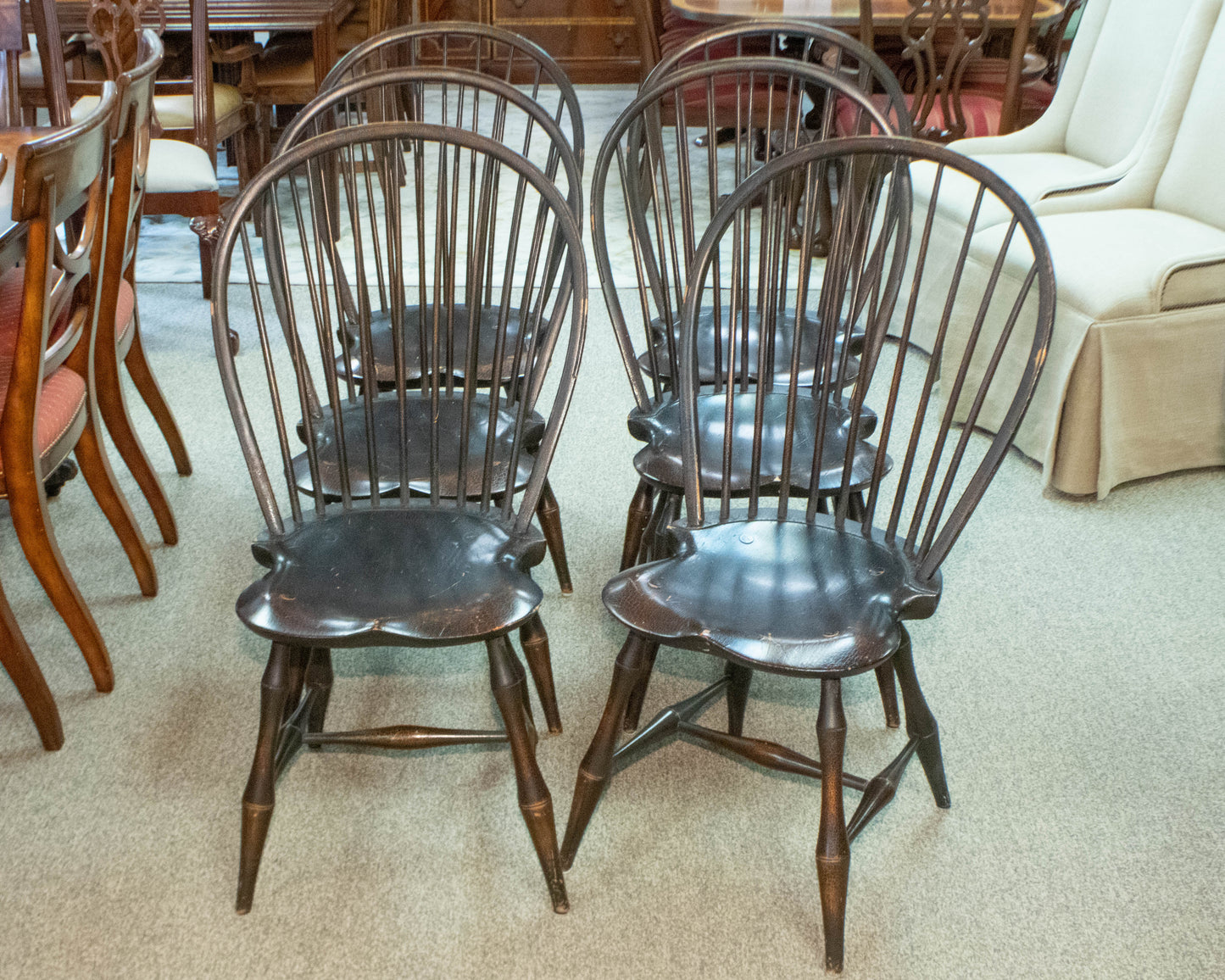 Set of 6 DR Dimes Windsor Dining Chairs in Distressed Black Crackled Finish