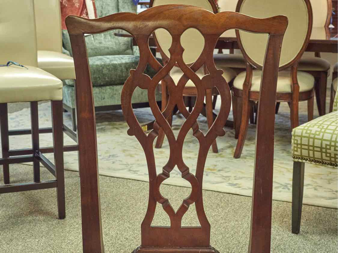 Set of 6 Chippendale Dining Chairs in Cherry with Pale Coral Bee Fabric Seats