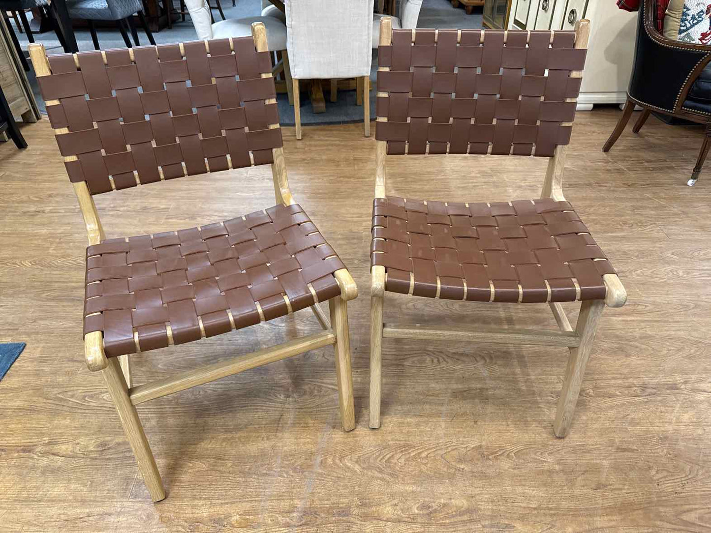 Pair Of Hati Home Woven Leather Oak Dining Chairs