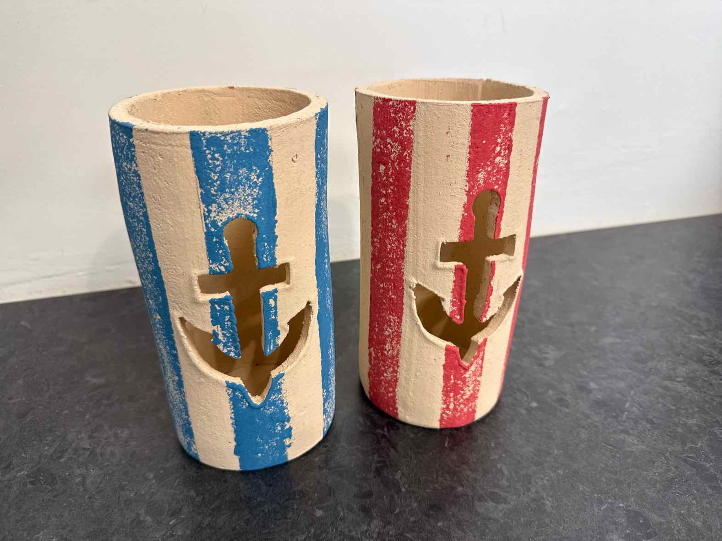 Pair of Red & Blue Striped Clay Anchor Luminaries