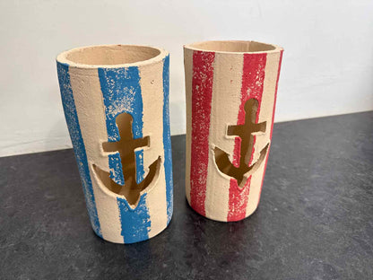 Pair of Red & Blue Striped Clay Anchor Luminaries