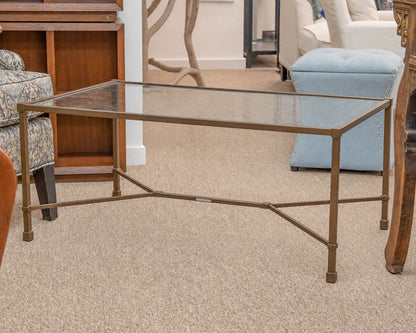 Rectangular Antiqued Brass Cocktail Table W/ Glass Top